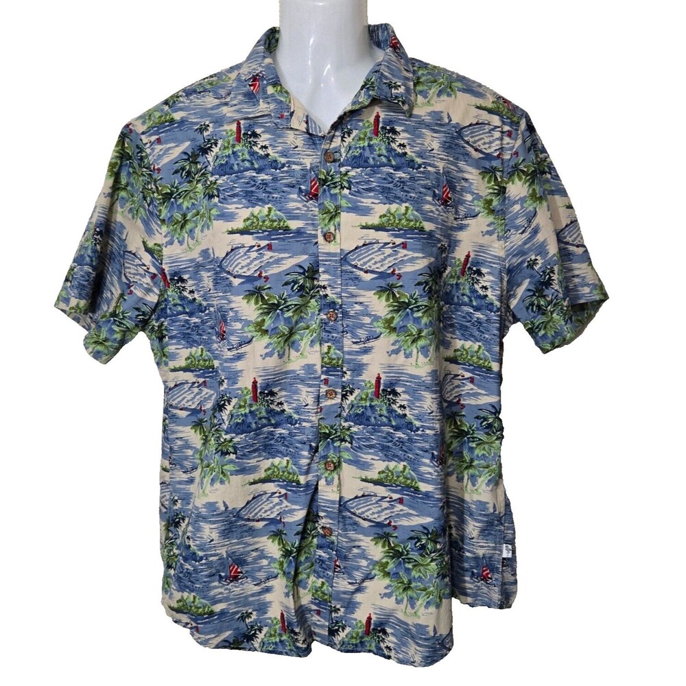 Denim & Flower Ricky Singh Shirt Mens XL Blue Hawaiian Slim Fit Cotton Sail Boat